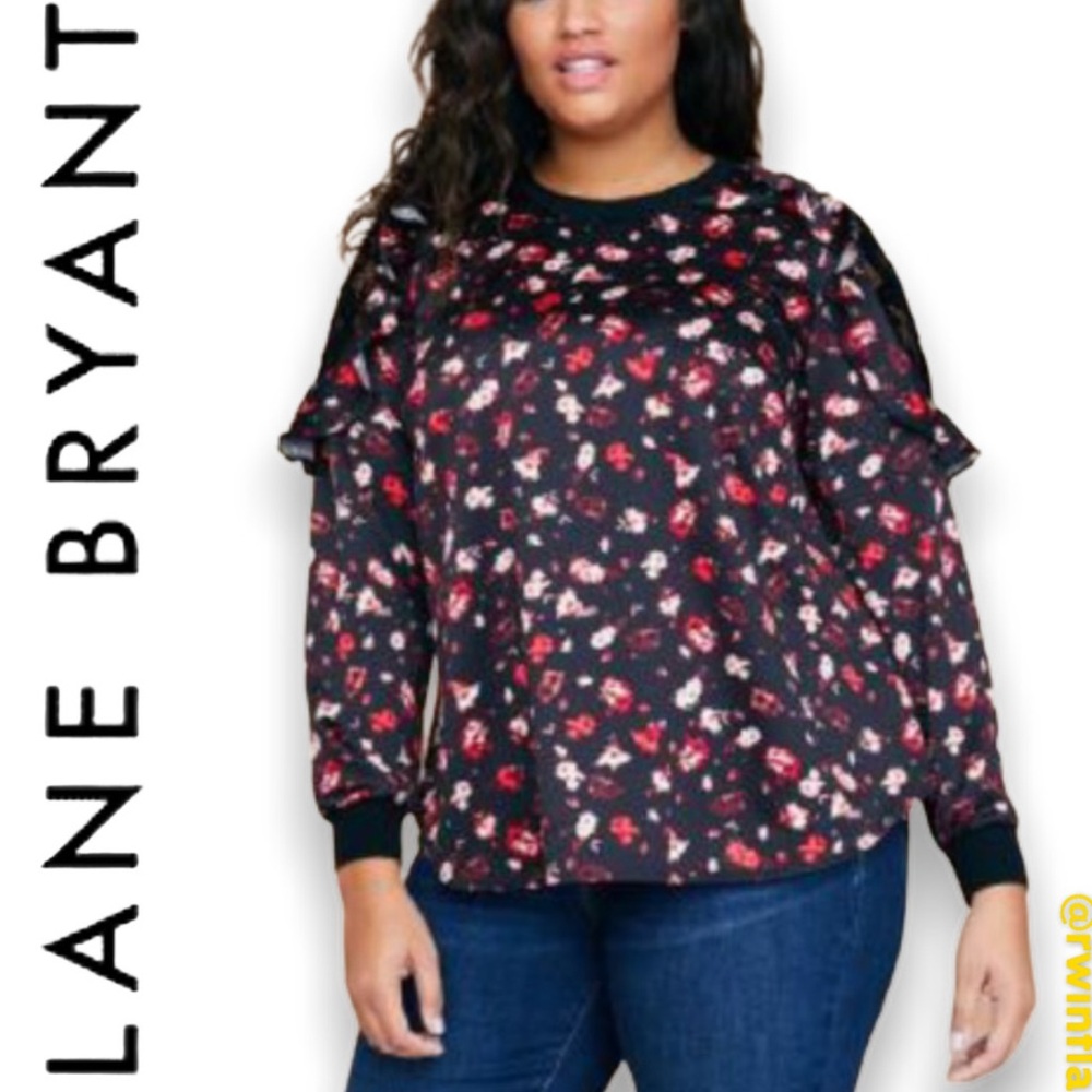 Lane Bryant Ruffled Lace Top Long Sleeve Satin Floral Blouse XL 14 16